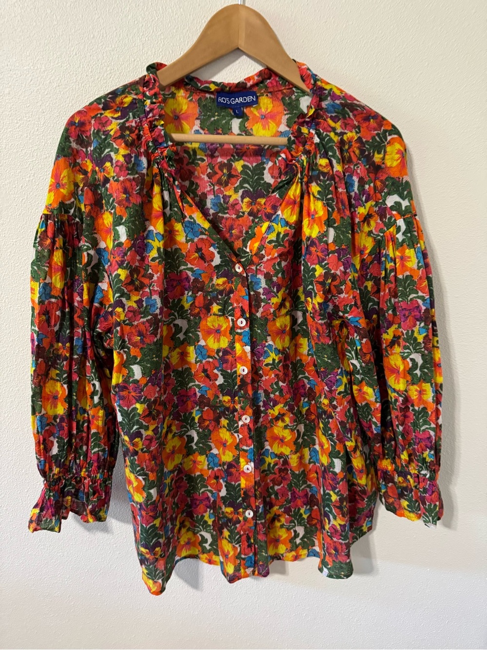 Ro's Garden Rachel Cotton Shirt Multicolor Floral Ruffle 3/4 Smock Flare Cuff-L